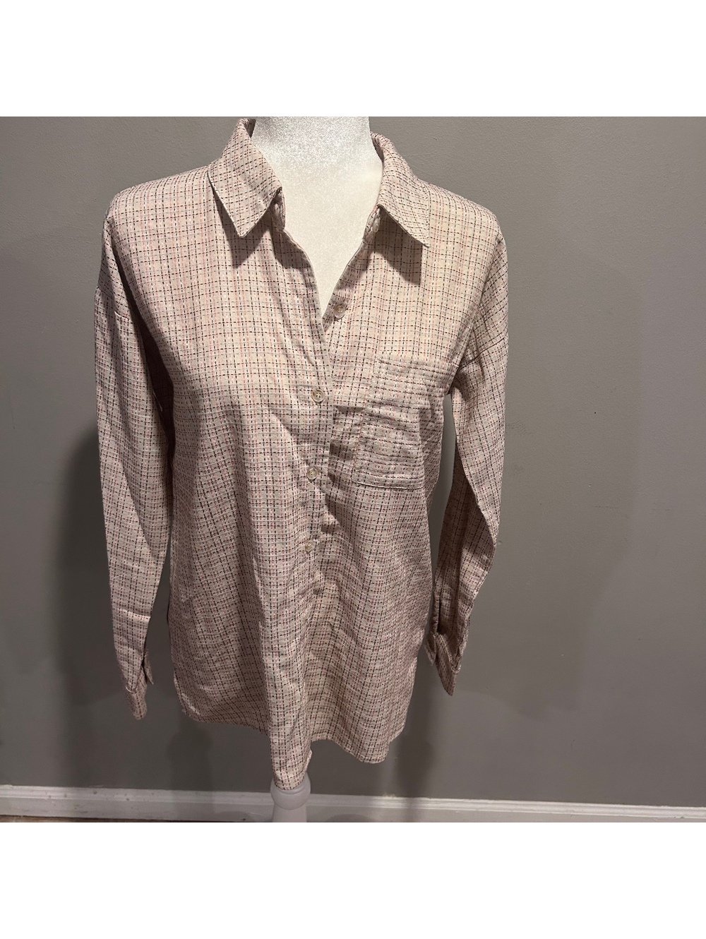 New Hem & Thread Button Down Western Cowgirl Shirt Small Plaid Linen Cotton Blen